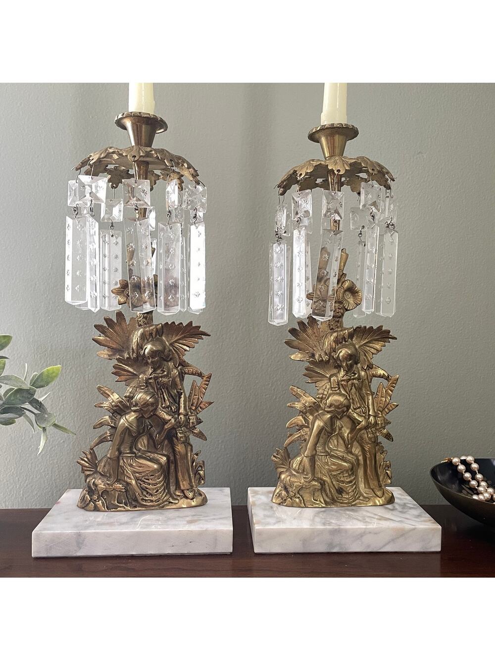 Antique Pair Victorian Girandole Mantle Luster Candlesticks with Crystal Prisms